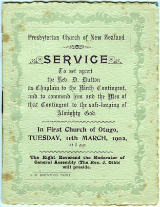 Service to Set Apart Rev D Dutton as Chaplain 11 March 1902  