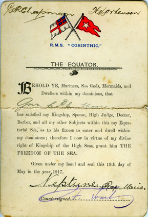 Crossing the Line Certificate, SS Corinthic, 1917