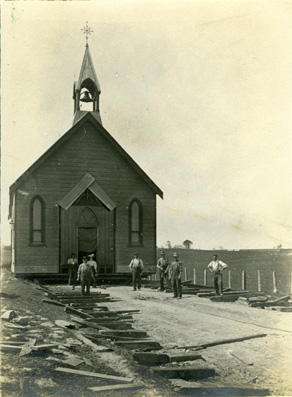 Owaka Presbyterian Church on the move, 1907