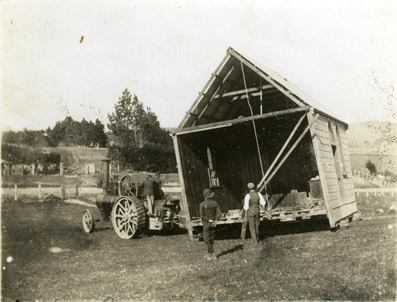 Owaka Presbyterian Church vestry on the move, 1907