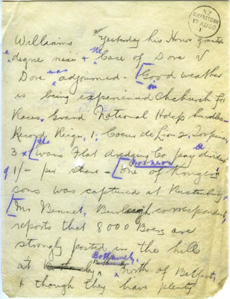 Boer War News Telegram 17 Aug 1900 Page 1